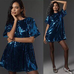 NWT Anthropologie The Emmy Short-Sleeve Swing Maeve Blue Sequin Mini Dress